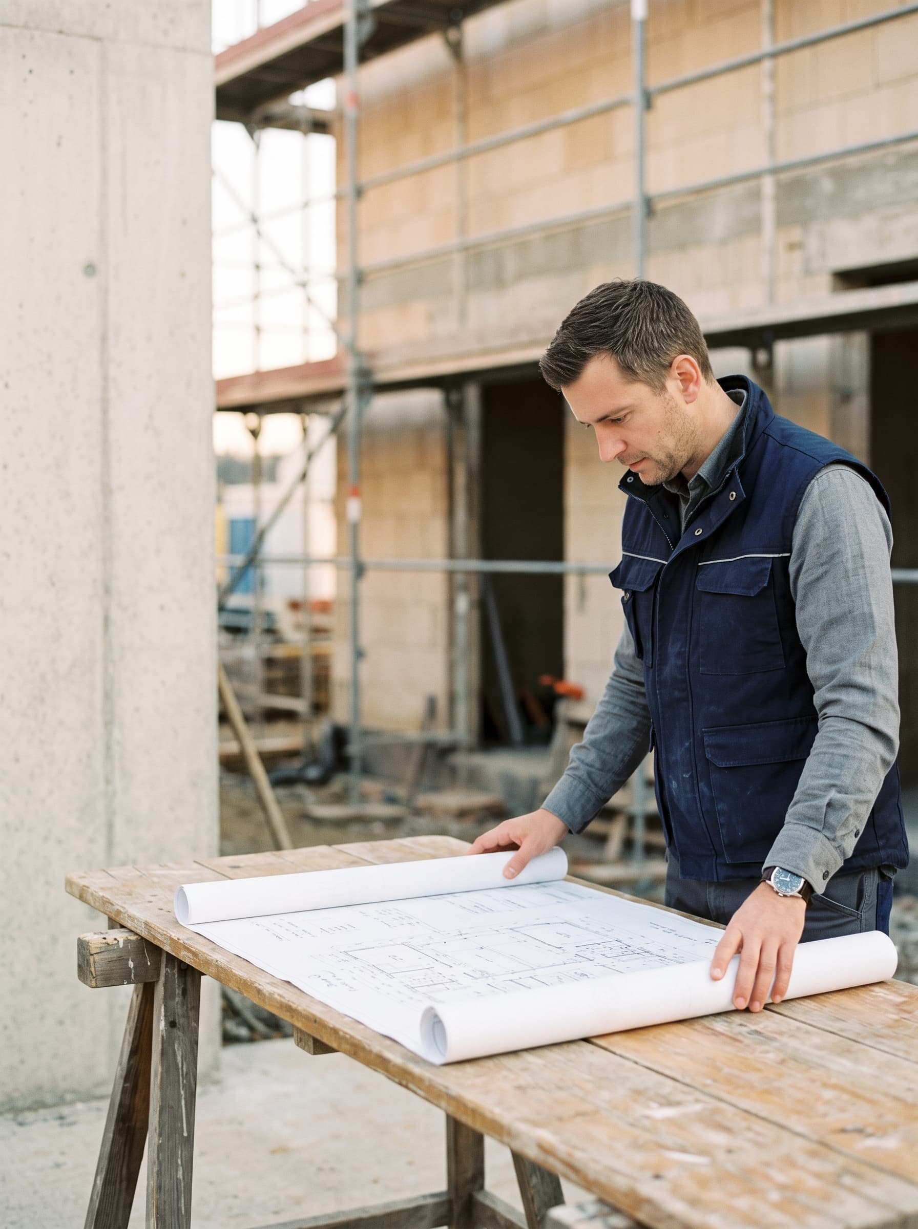 Maître d’œuvre relevant un plan sur un chantier de construction dans l’Ouest luxembourgeois