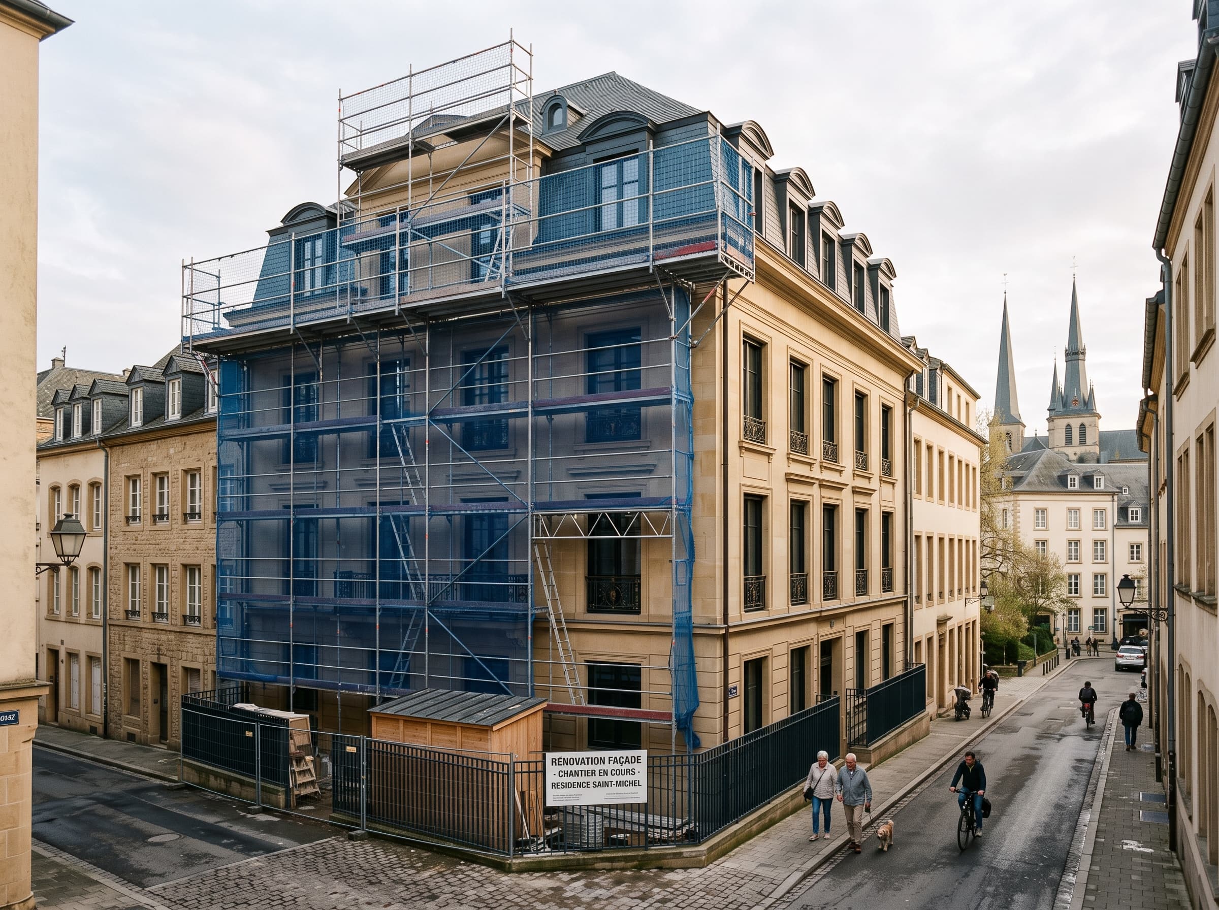 Immeuble en copropriété à Luxembourg-Ville avec façade rénovée sous échafaudage