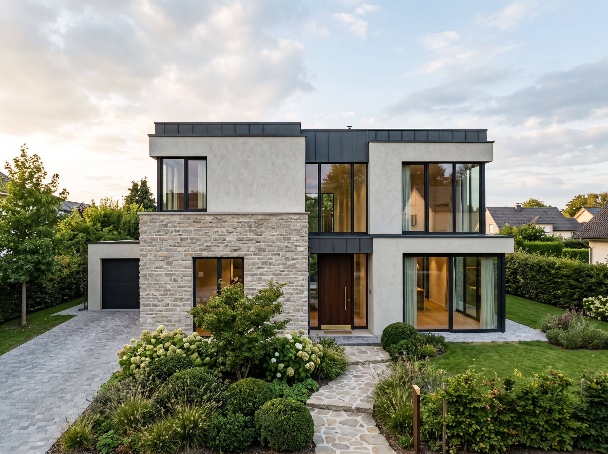 Maison unifamiliale contemporaine achevée à Bertrange, façade en enduit clair et pierre