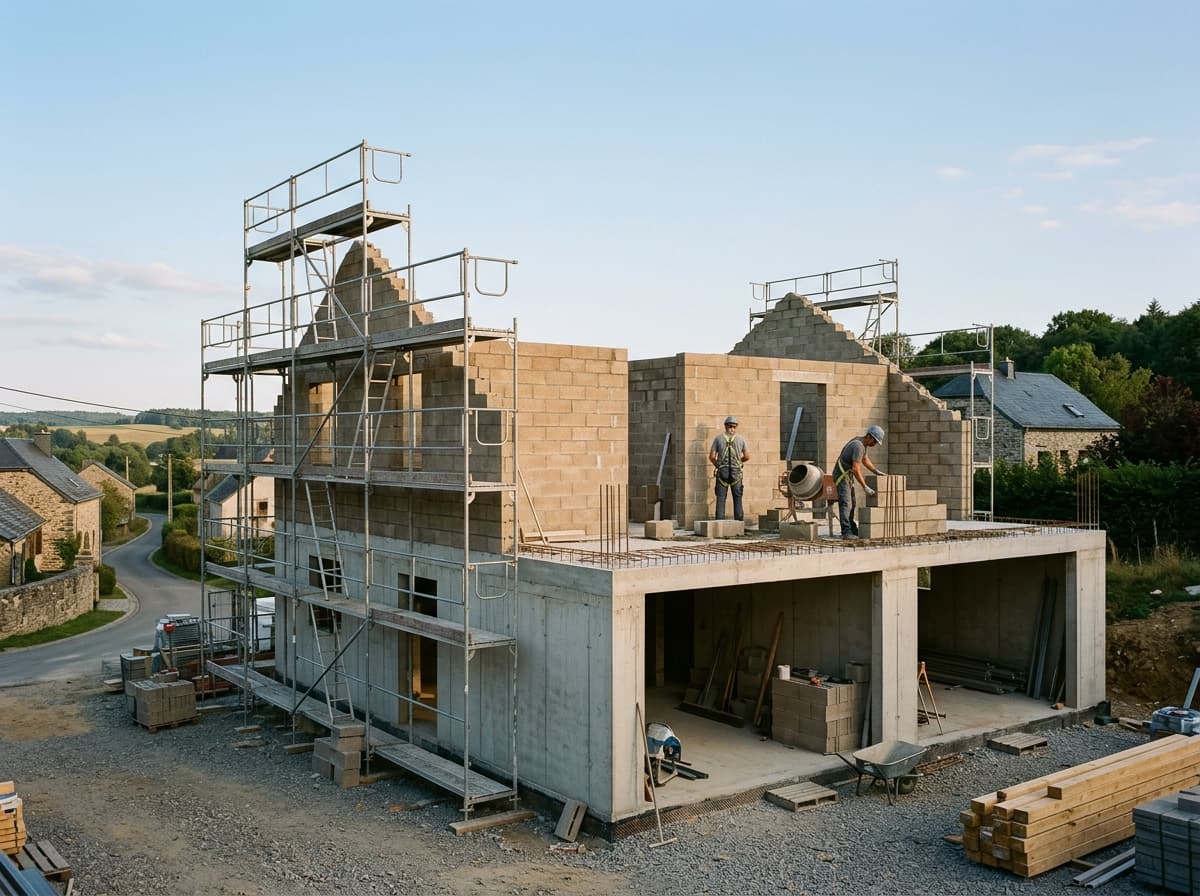 Gros œuvre d’une maison en construction, dalle et murs du premier étage