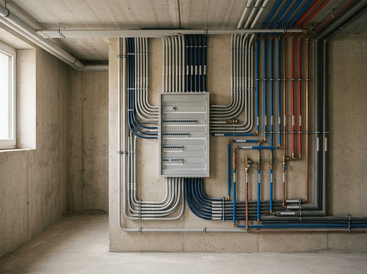 Réseaux techniques et gaines au sous-sol d’un chantier