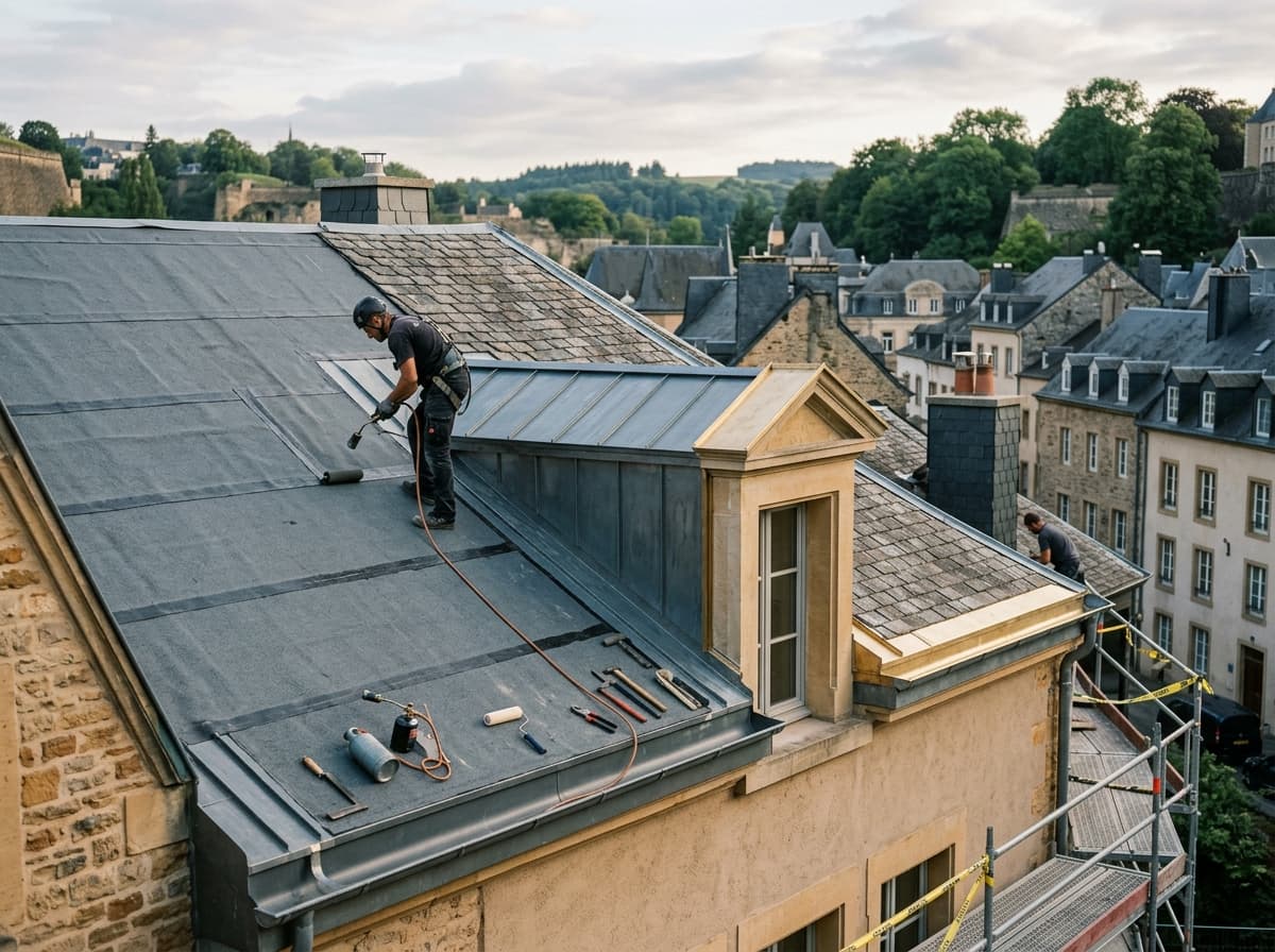 Travaux d’étanchéité sur une toiture en cours de chantier
